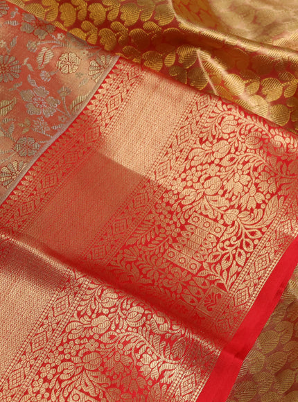 Pure kanchipuram tissue silk saree duual shade of red and red with allover floral zari woven brocade weaves and zari woven border