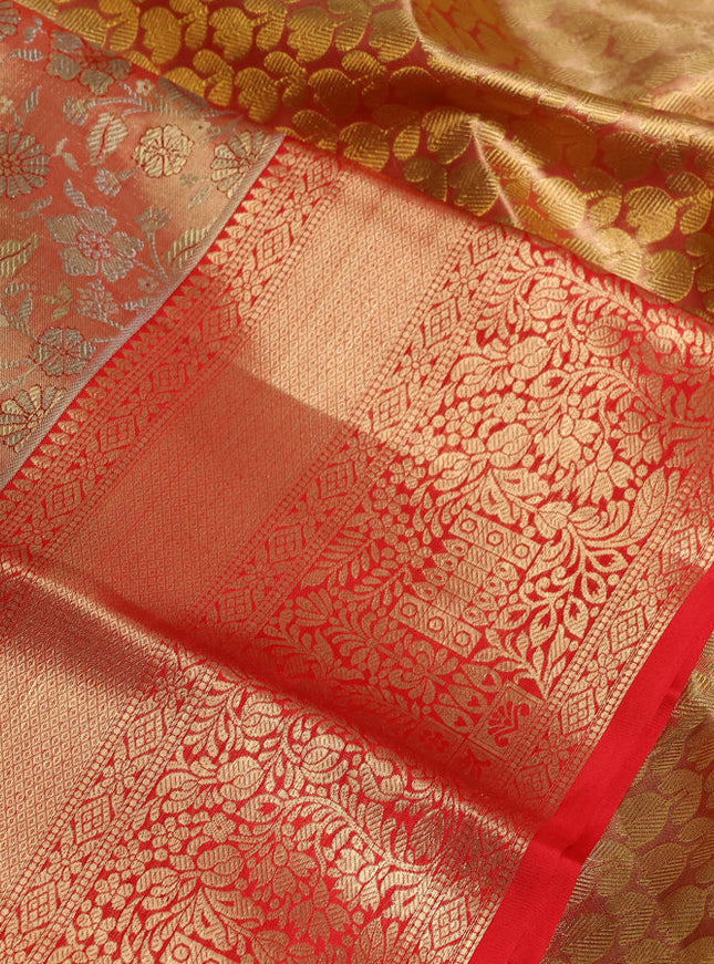Pure kanchipuram tissue silk saree duual shade of red and red with allover floral zari woven brocade weaves and zari woven border