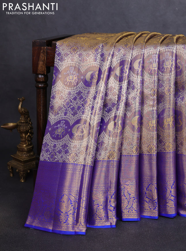 Pure kanchipuram tissue silk saree dual shade of blue and royal blue with allover zari woven brocade weaves and rich zari woven border