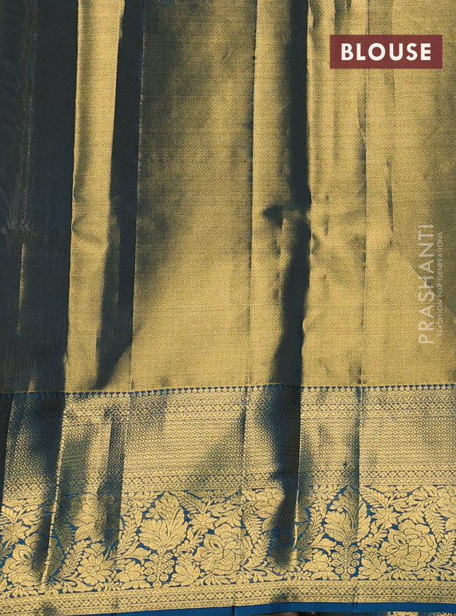 Pure kanchipuram tissue silk saree dual shade of gold and peacock green with allover zari woven brocade weaves and long rich zari woven border