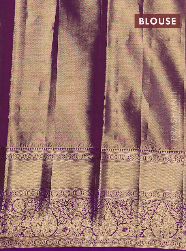 Pure kanchipuram tissue silk saree dual shade of gold and purple with allover zari woven geometric brocade weaves and long rich zari woven border