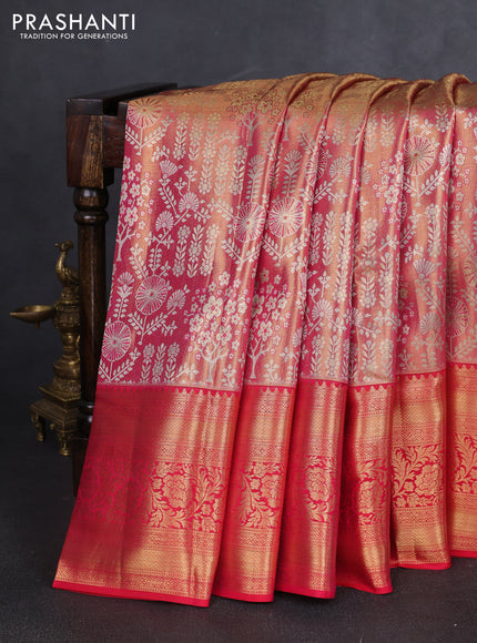 Pure kanchipuram tissue silk saree pinkish gold and red with allover zari woven brocade weaves and long rich zari woven border