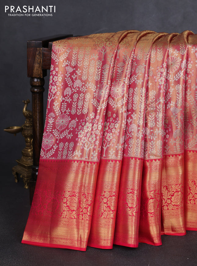 Pure kanchipuram tissue silk saree pinkish gold and red with allover zari woven brocade weaves and long rich zari woven border