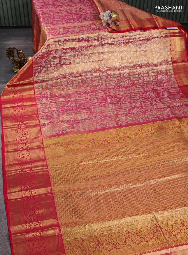 Pure kanchipuram tissue silk saree pinkish gold and red with allover zari woven brocade weaves and long rich zari woven border