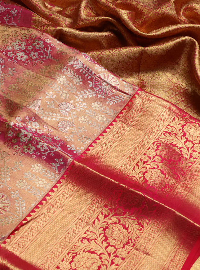 Pure kanchipuram tissue silk saree pinkish gold and red with allover zari woven brocade weaves and long rich zari woven border