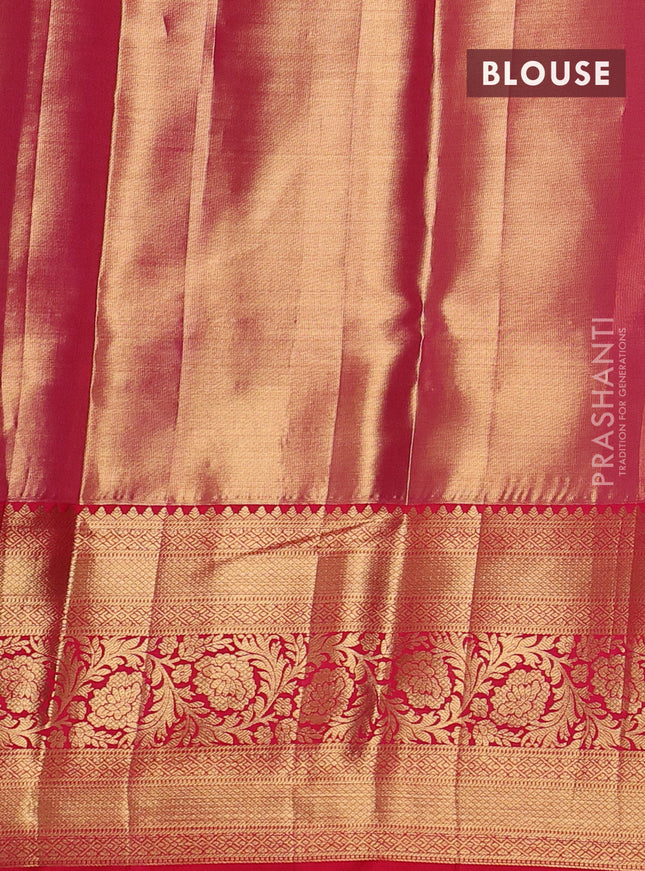 Pure kanchipuram tissue silk saree pinkish gold and red with allover zari woven brocade weaves and long rich zari woven border