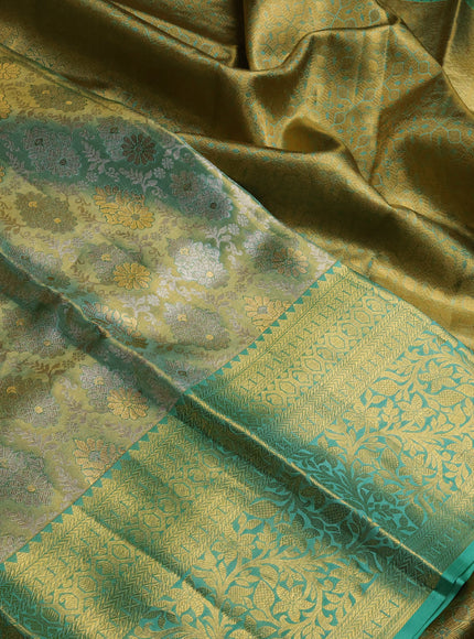 Pure kanchipuram tissue silk saree golden teal and teal green shade with allover zari woven brocade weaves and long rich zari woven border