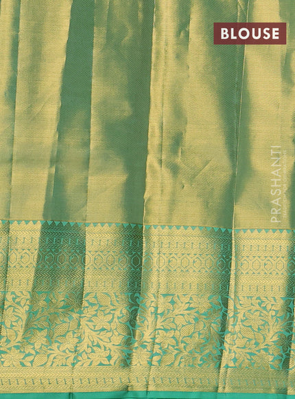 Pure kanchipuram tissue silk saree golden teal and teal green shade with allover zari woven brocade weaves and long rich zari woven border