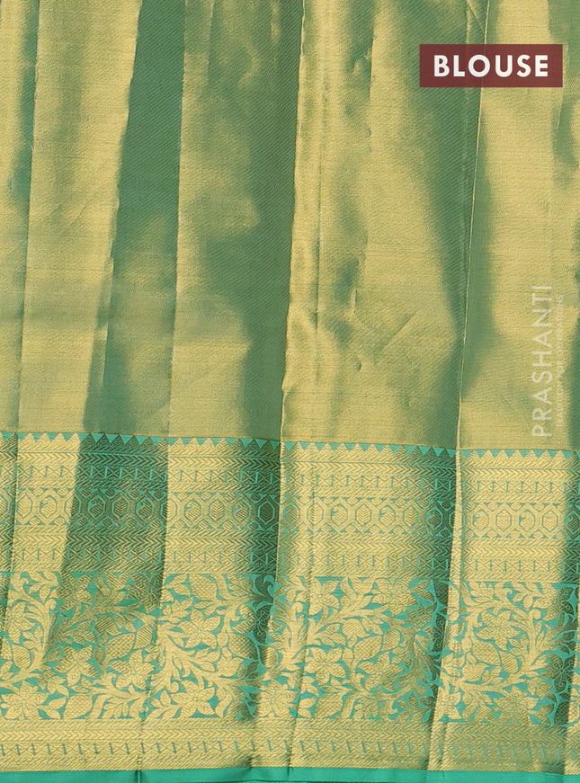 Pure kanchipuram tissue silk saree golden teal and teal green shade with allover zari woven brocade weaves and long rich zari woven border