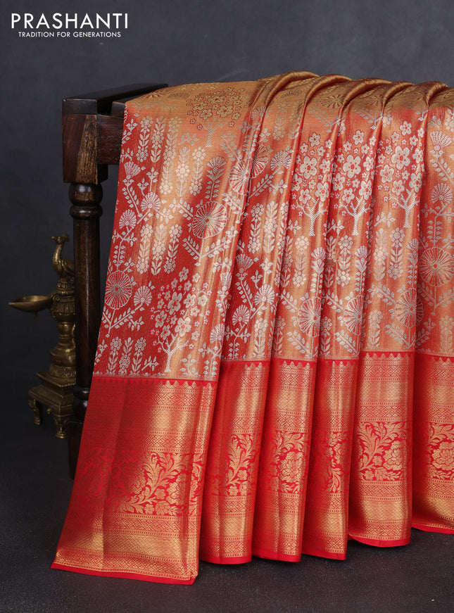 Pure kanchipuram tissue silk saree orange and red with allover zari woven brocade weaves and long rich zari woven border