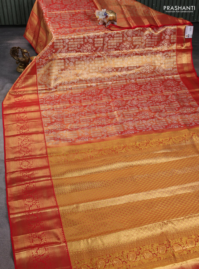 Pure kanchipuram tissue silk saree orange and red with allover zari woven brocade weaves and long rich zari woven border