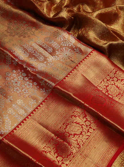 Pure kanchipuram tissue silk saree orange and red with allover zari woven brocade weaves and long rich zari woven border