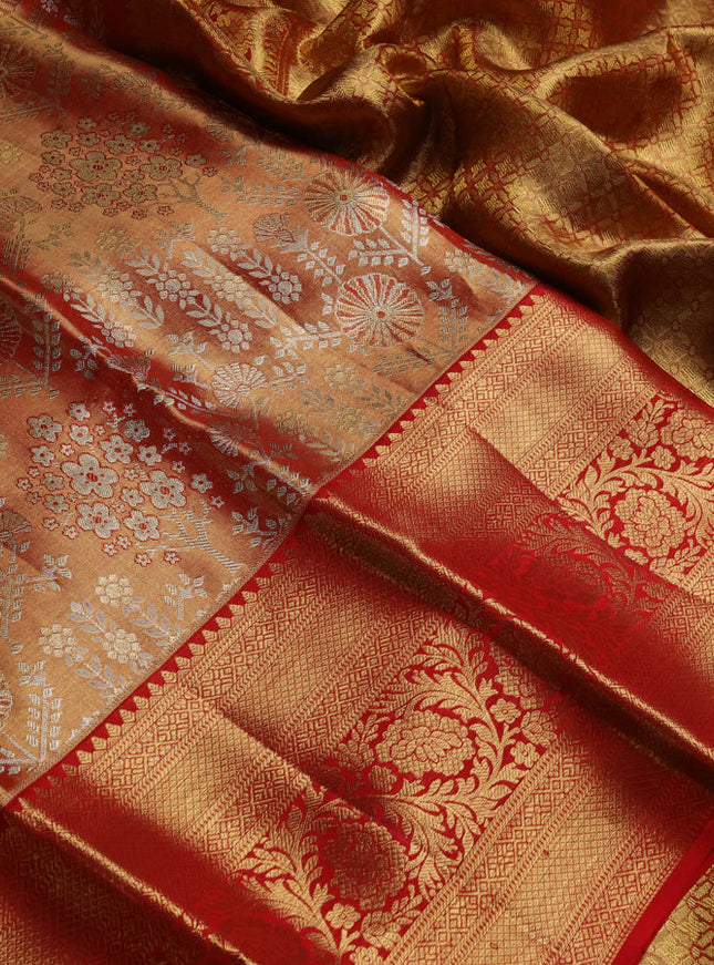 Pure kanchipuram tissue silk saree orange and red with allover zari woven brocade weaves and long rich zari woven border