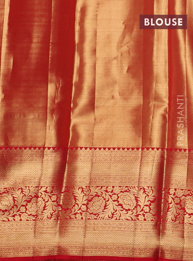 Pure kanchipuram tissue silk saree orange and red with allover zari woven brocade weaves and long rich zari woven border