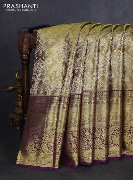 Pure kanchipuram tissue silk saree gold and purple with allover zari woven brocade weaves and long rich zari woven border