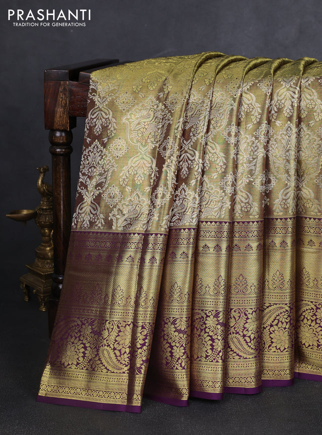 Pure kanchipuram tissue silk saree gold and purple with allover zari woven brocade weaves and long rich zari woven border