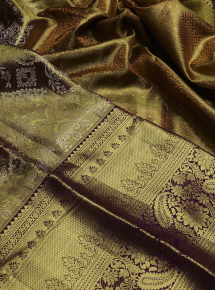 Pure kanchipuram tissue silk saree gold and purple with allover zari woven brocade weaves and long rich zari woven border