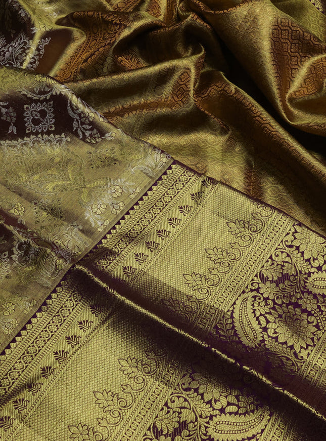 Pure kanchipuram tissue silk saree gold and purple with allover zari woven brocade weaves and long rich zari woven border