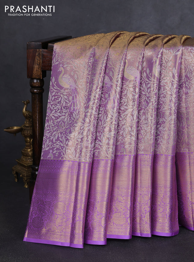 Pure kanchipuram tissue silk saree lavender with allover zari woven brocade weaves and long rich zari woven border