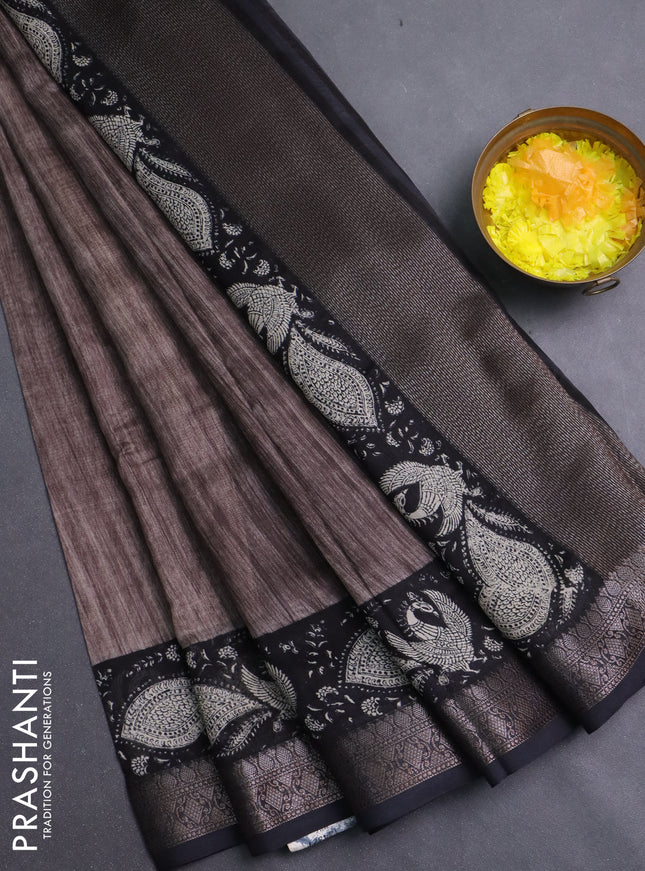 Chanderi silk cotton saree brown and black with plain body and banarasi style border
