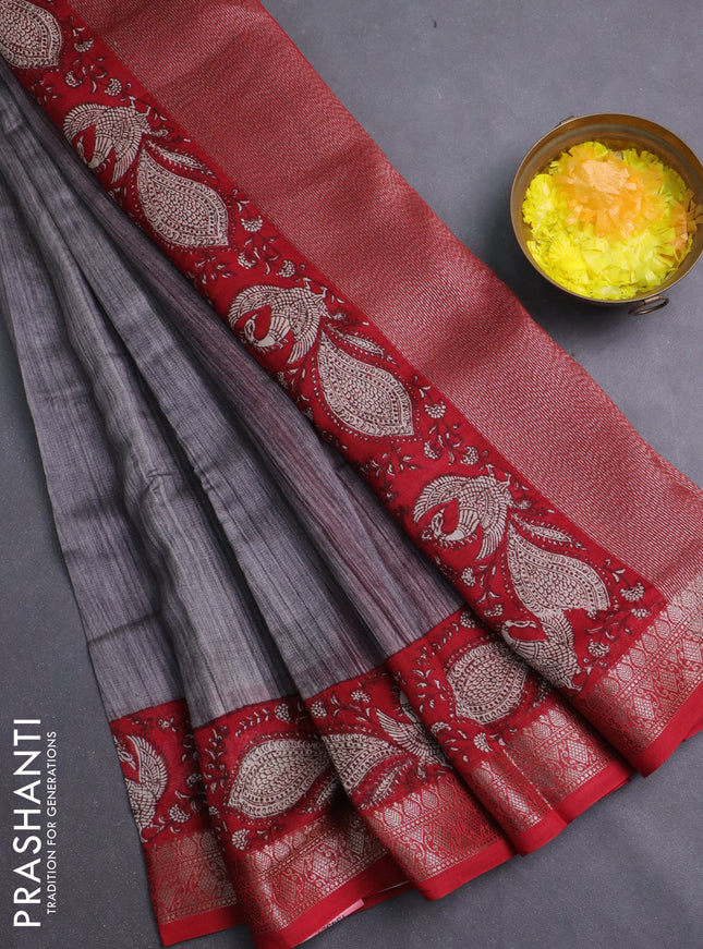 Chanderi silk cotton saree grey and maroon with plain body and banarasi style border