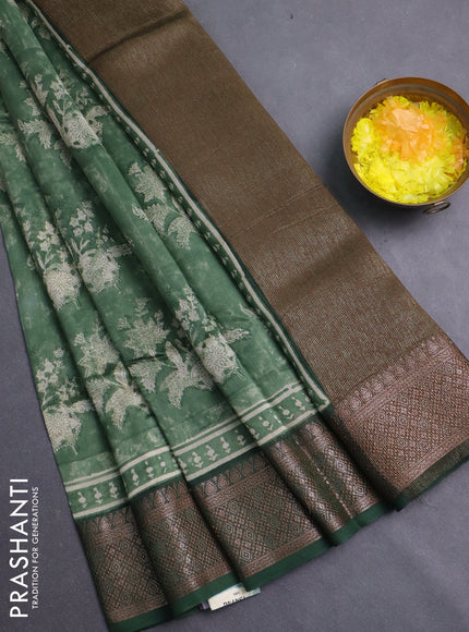 Chanderi silk cotton saree sap green with allover prints and banarasi style border