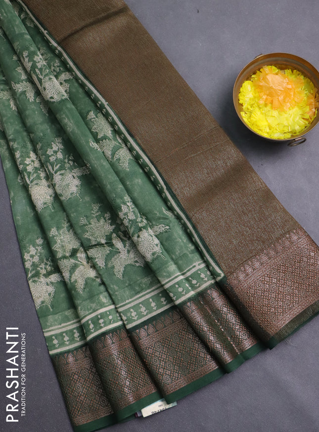 Chanderi silk cotton saree sap green with allover prints and banarasi style border