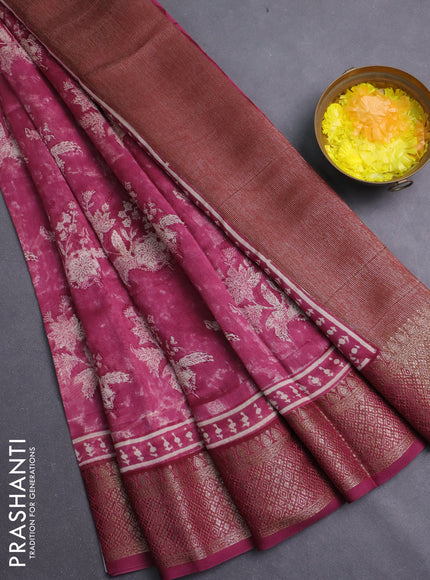 Chanderi silk cotton saree dark magenta pink with allover prints and banarasi style border