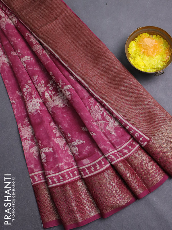 Chanderi silk cotton saree dark magenta pink with allover prints and banarasi style border