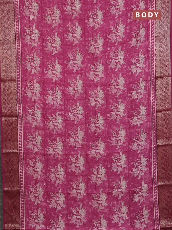 Chanderi silk cotton saree dark magenta pink with allover prints and banarasi style border