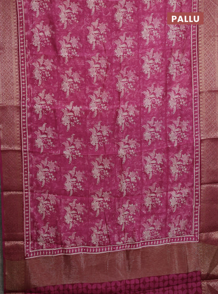 Chanderi silk cotton saree dark magenta pink with allover prints and banarasi style border