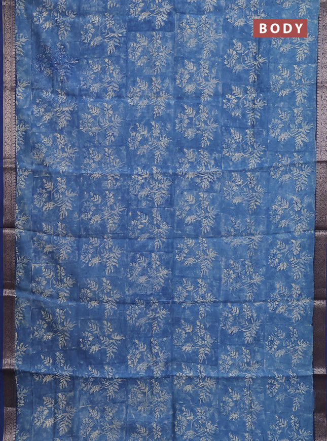 Chanderi silk cotton saree peacock blue with allover prints and banarasi style border