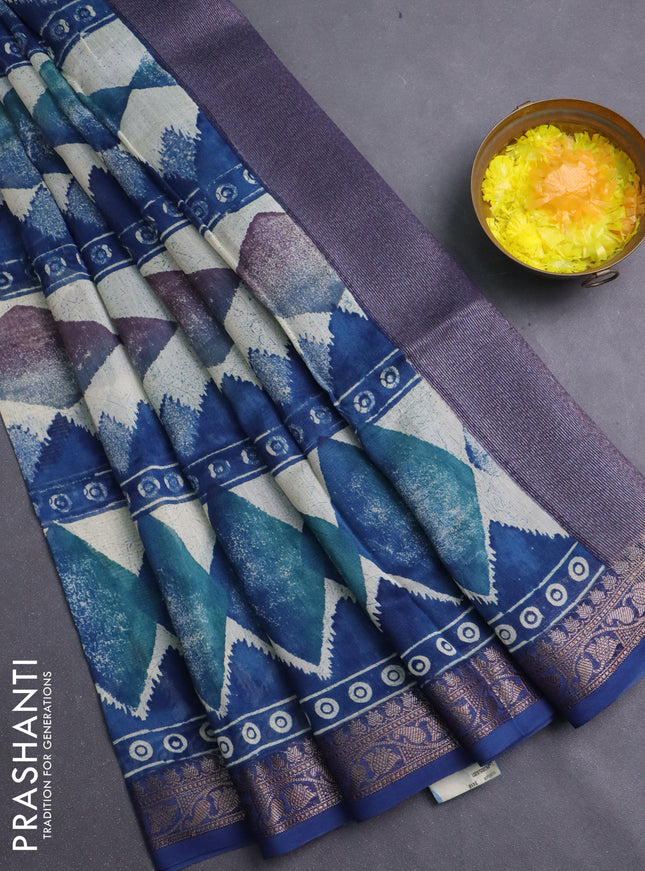 Chanderi silk cotton saree peacock blue and beige with allover geometric prints and banarasi style border