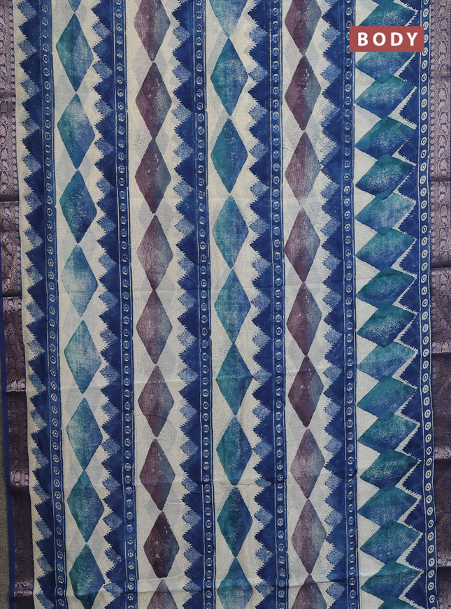 Chanderi silk cotton saree peacock blue and beige with allover geometric prints and banarasi style border