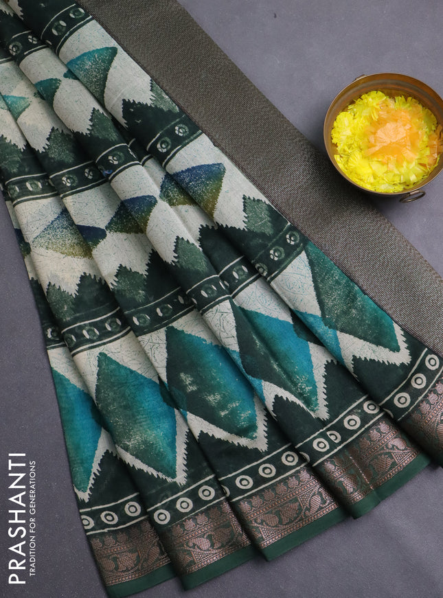 Chanderi silk cotton saree sap green and beige with allover geometric prints and banarasi style border