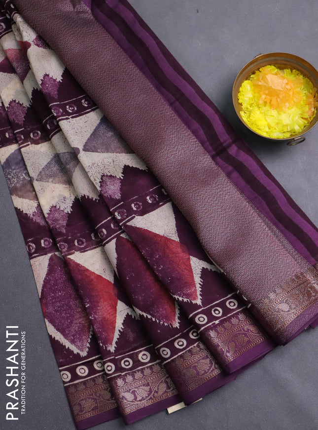 Chanderi silk cotton saree wine shade and beige with allover geometric prints and banarasi style border