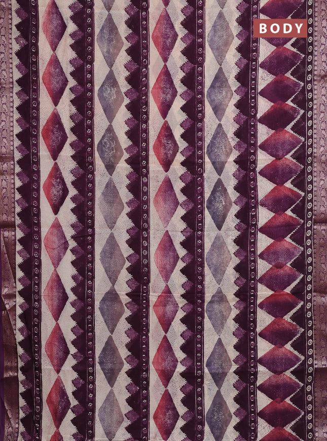 Chanderi silk cotton saree wine shade and beige with allover geometric prints and banarasi style border