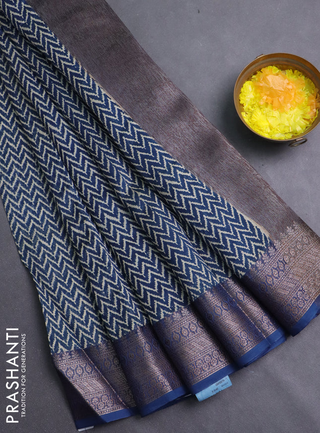 Chanderi silk cotton saree peacock blue and beige with allover zig zag prints and banarasi style border