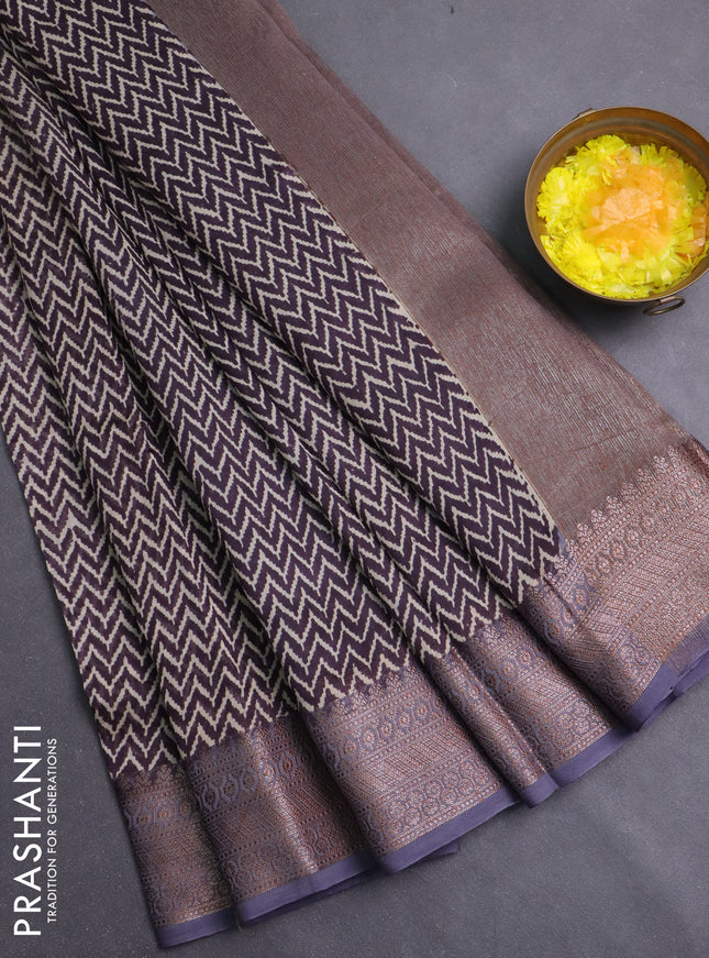 Chanderi silk cotton saree wine shade and grey with allover zig zag prints and banarasi style border