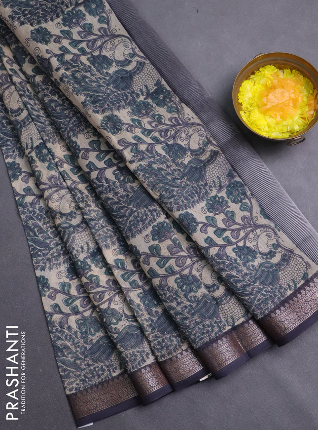 Chanderi silk cotton saree beige and elephant grey with allover prints and banarasi style border