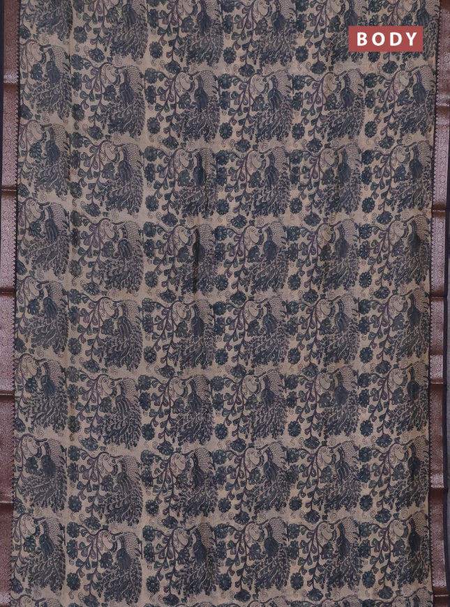 Chanderi silk cotton saree beige and elephant grey with allover prints and banarasi style border