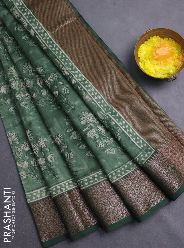 Chanderi silk cotton saree sap green with allover prints and banarasi style border