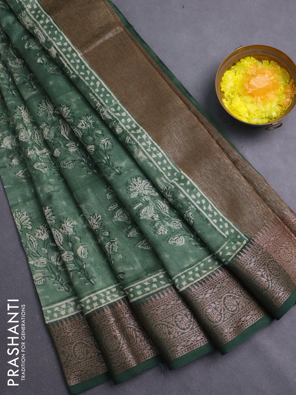 Chanderi silk cotton saree sap green with allover prints and banarasi style border