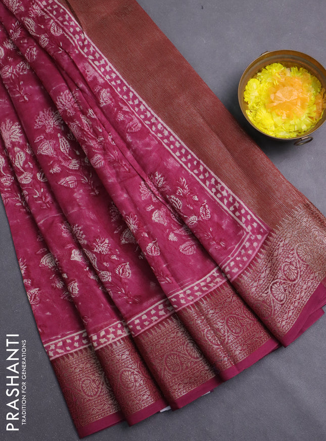 Chanderi silk cotton saree wine shade with allover prints and banarasi style border