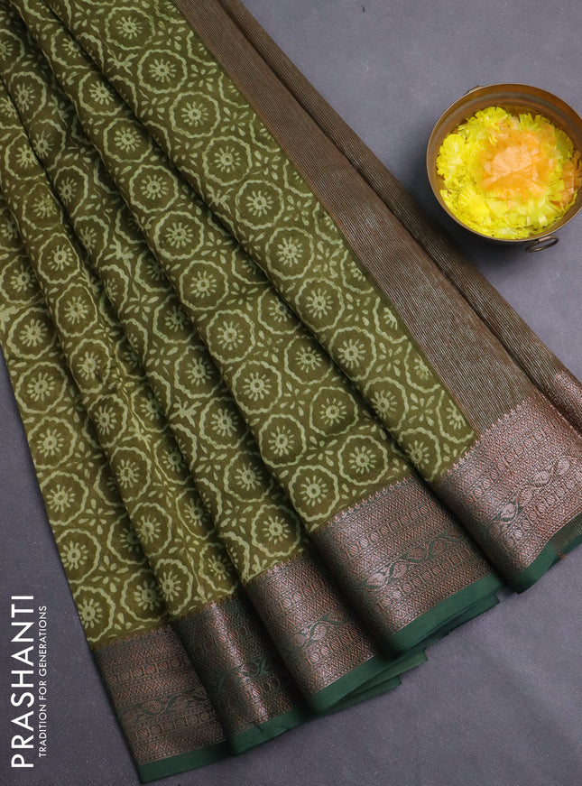 Chanderi silk cotton saree mehendi green and sap green with allover prints and banarasi style border