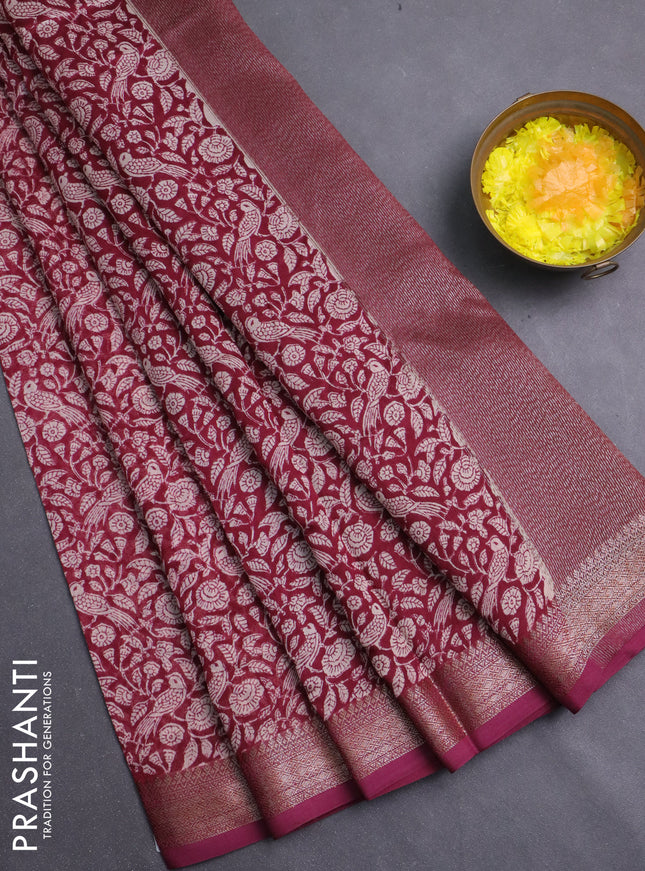 Chanderi silk cotton saree mauve pink with allover prints and banarasi style border