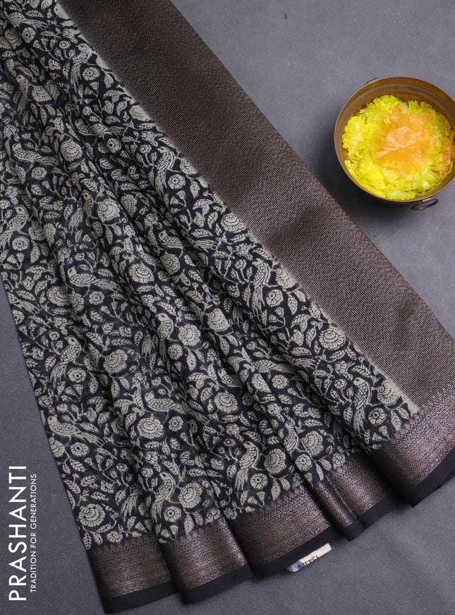 Chanderi silk cotton saree black with allover prints and banarasi style border