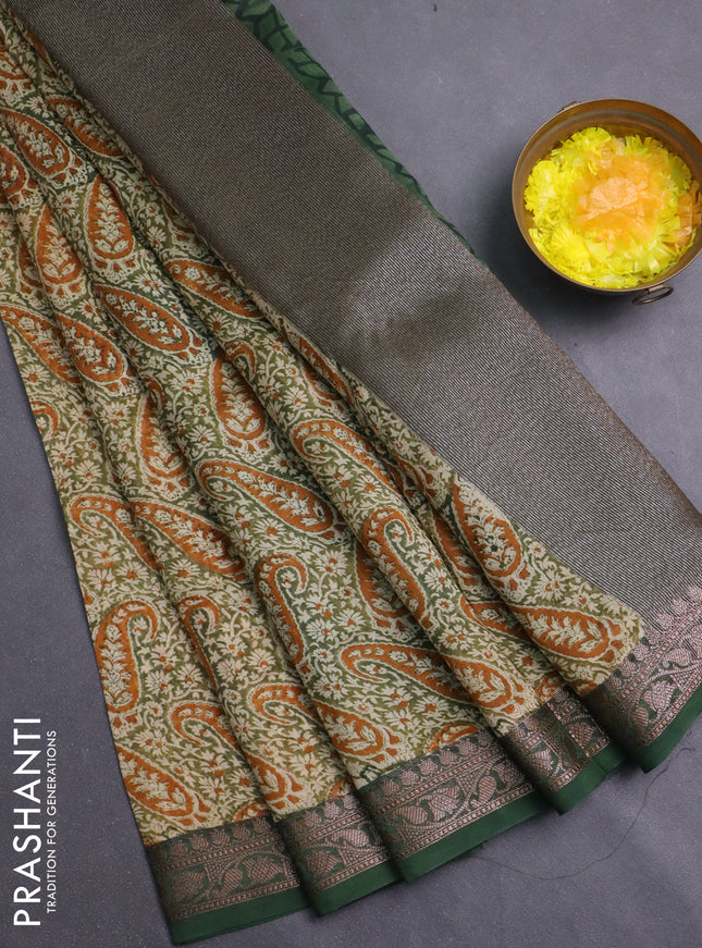 Chanderi silk cotton saree sap green and dark mustard with allover prints and banarasi style border