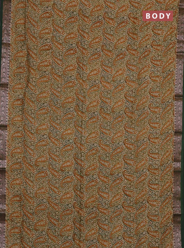 Chanderi silk cotton saree sap green and dark mustard with allover prints and banarasi style border