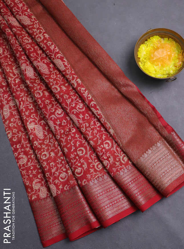 Chanderi silk cotton saree maroon with allover prints and banarasi style border